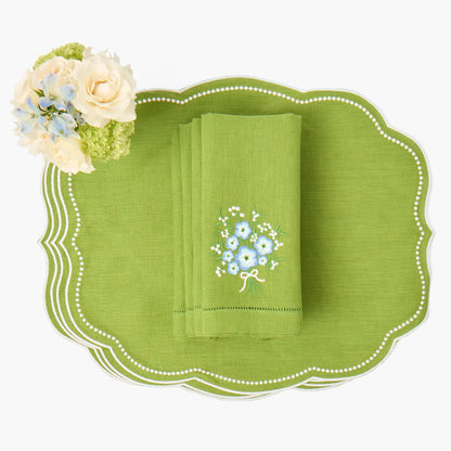 Green Eloise Linen Placemats & Floral Embroidered Napkins (Set of 4)