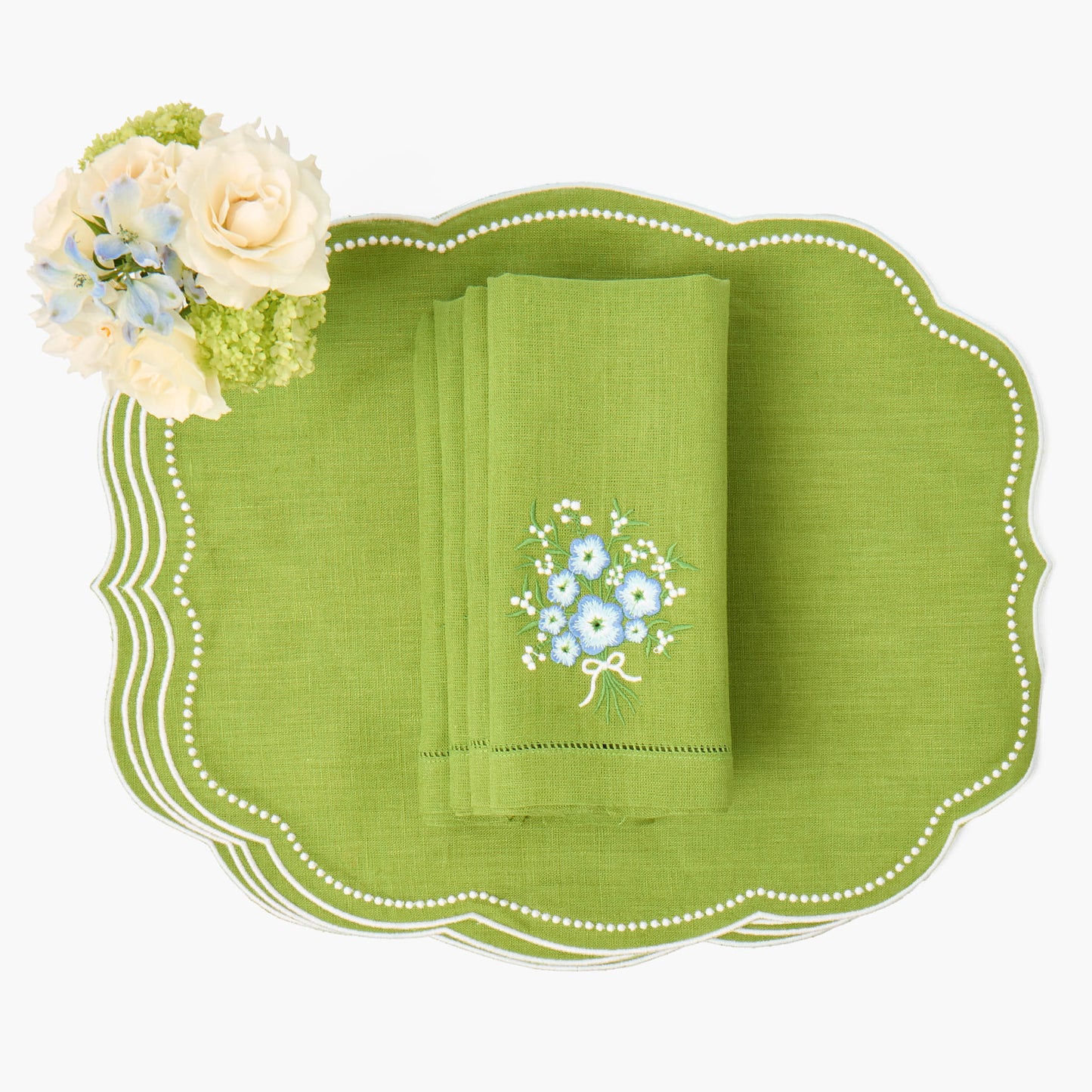 Green Floral Embroidered Linen Napkins (Set of 4)