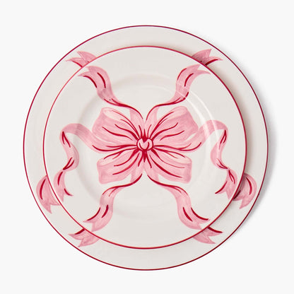 Audrey Pink & Red Bow Dinner & Starter Plates (Set of 8)