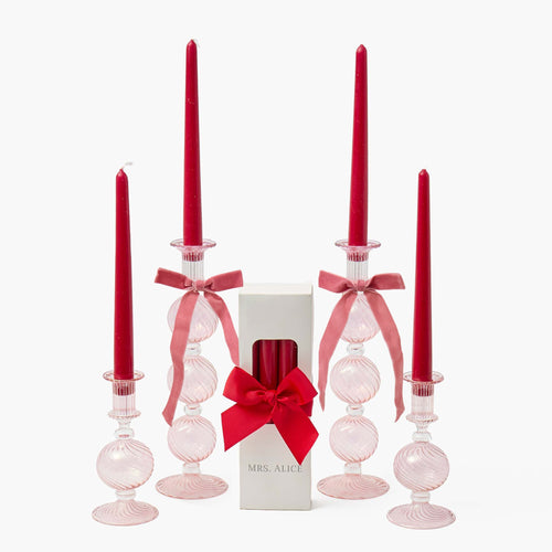 Red Ribboned Camille Peony Candle Holder Set