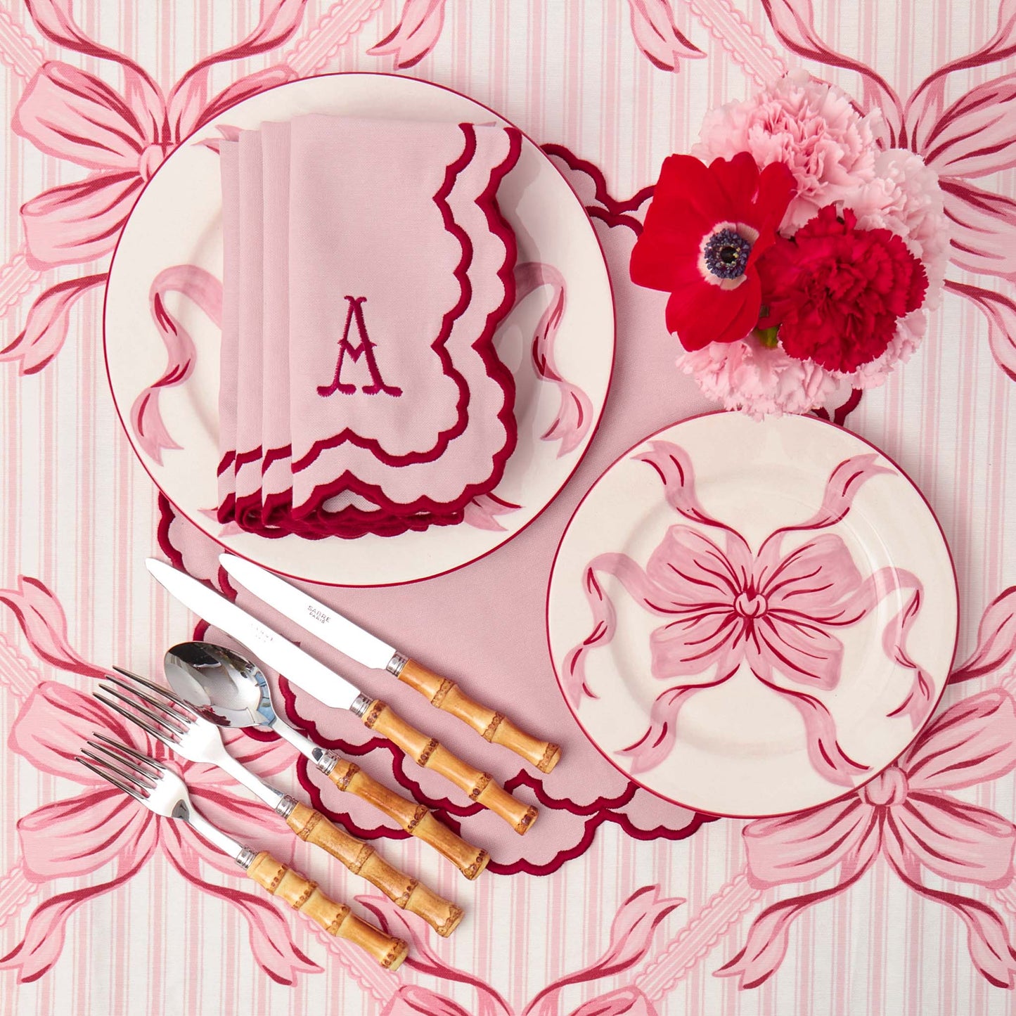 Audrey Pink & Red Bow Dinner & Starter Plates (Set of 8)