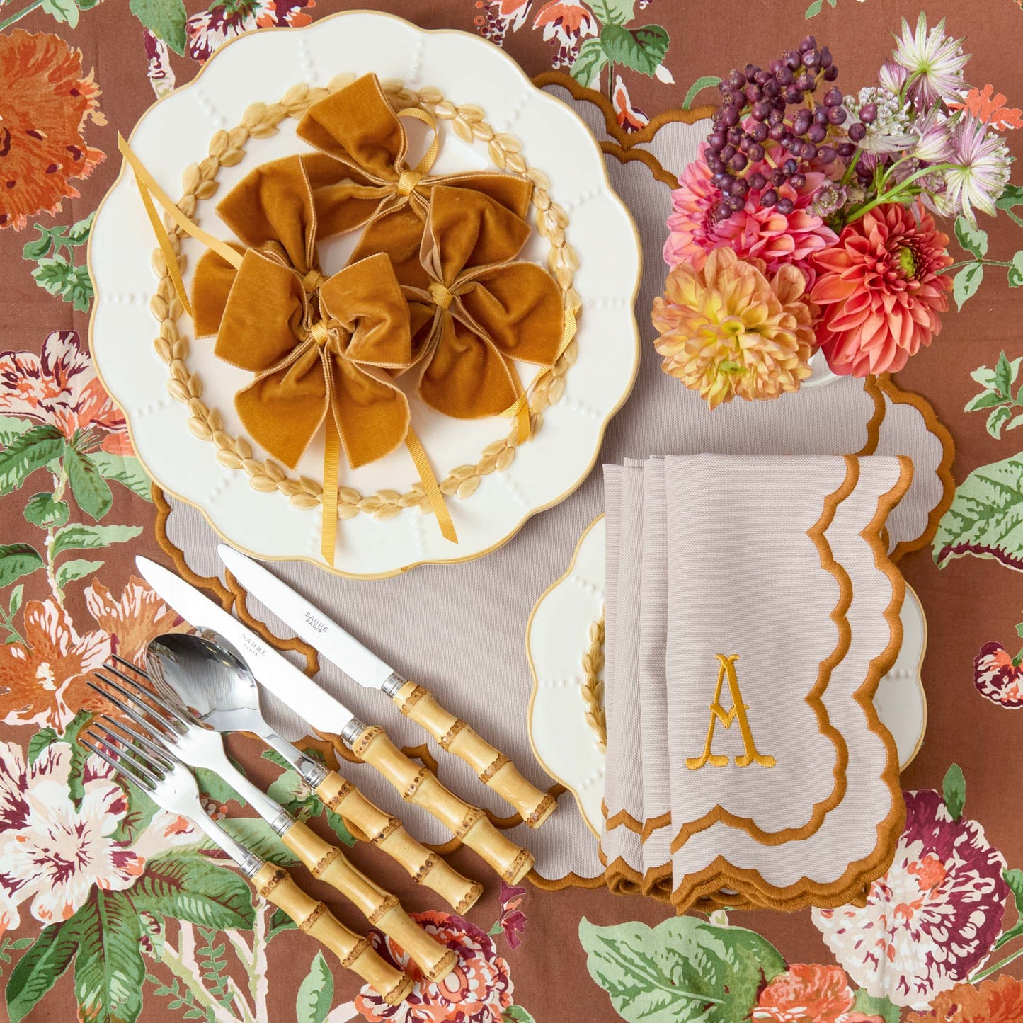 Taupe & Mustard Lily Placemats & Napkins (Set of 4)